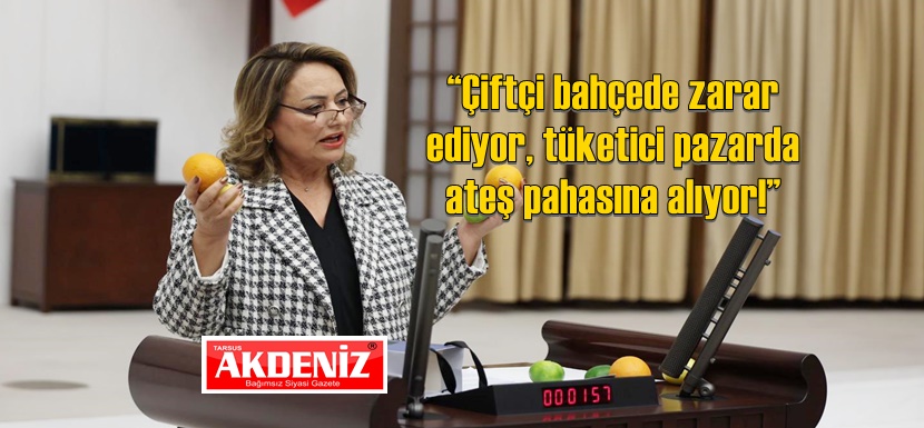 CHP’li Dr. Müzeyyen Şevkin, portakal, limon ve mandalinaları meclis kürsüsüne boşalttı