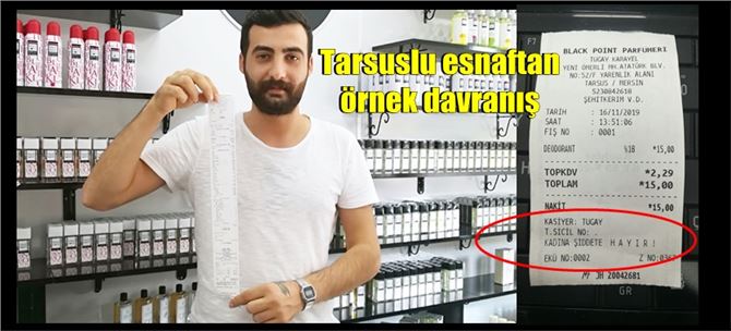 Tarsuslu esnaf, kestiği fişlere "Kadına şiddete hayır" sloganı ekledi